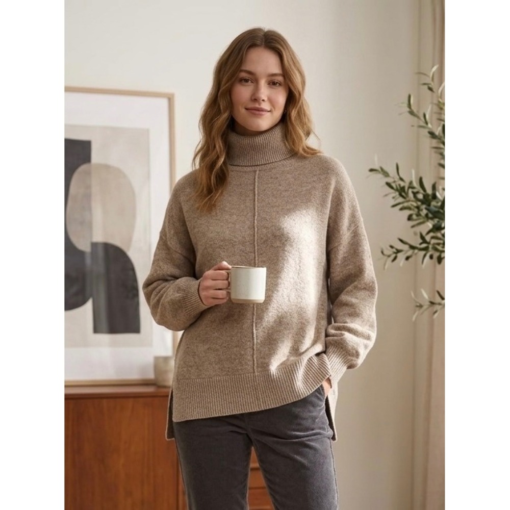HM Womens Sweater S Oversized Beige Marl Turtleneck Wool Blend Seam Detail